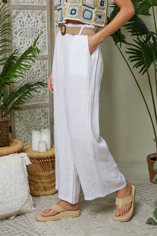 Pantalón ancho de tiro alto de lino - Blanco