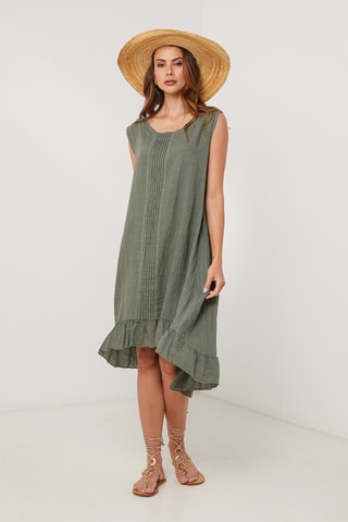 Vestido trapecio de lino - Caqui