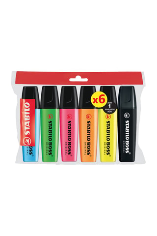 5 marcadores fluorescentes Stabilo Boss Original e 1 marcador preto