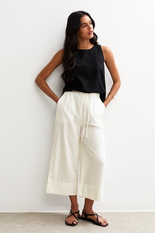 Pantalon wide legs 7/8 taille haute en lin - Blanc cassé