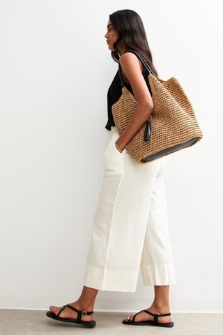 Pantalon wide legs 7/8 taille haute en lin - Blanc cassé