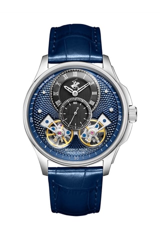 Montre tourbillon automatique en cuir - Bleu et argenté