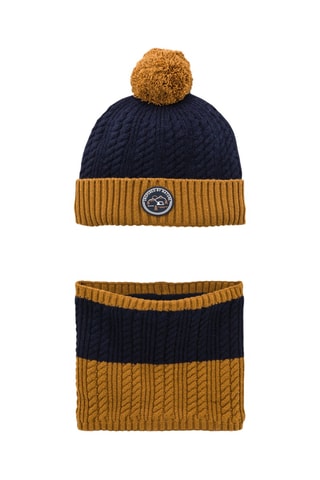 Gorro con borla y cuello - Marrón y azul noche