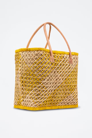 Panier en raphia et paille - 32 x 34 x 20 cm - Jaune