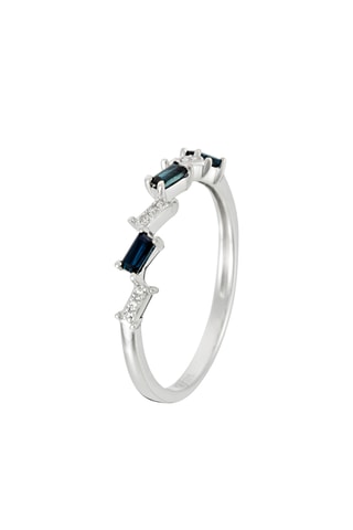 Anel Baguette - Ouro branco, diamantes e safira