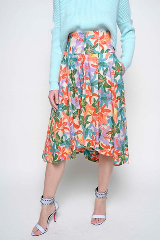 Falda midi de talle alto de lino - Blanco y violeta