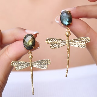 Brincos - Latão banhado a ouro e labradorite