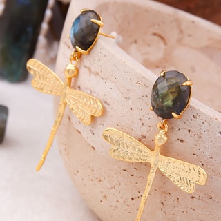 Brincos - Latão banhado a ouro e labradorite