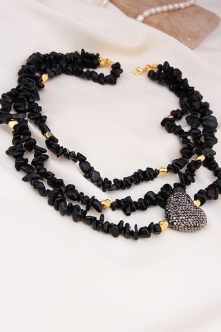 Collier multi-rangs - Plaqué or jaune et onyx