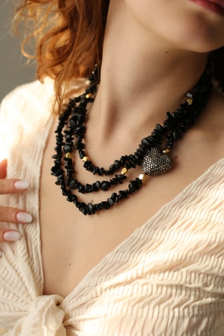 Collier multi-rangs - Plaqué or jaune et onyx