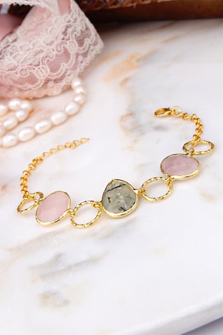 Pulseira banhada a ouro fino amarelo - Quartzo rosa e prehnite