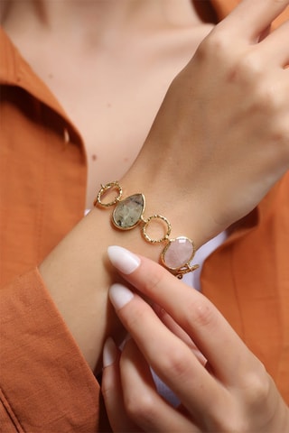 Pulseira banhada a ouro fino amarelo - Quartzo rosa e prehnite