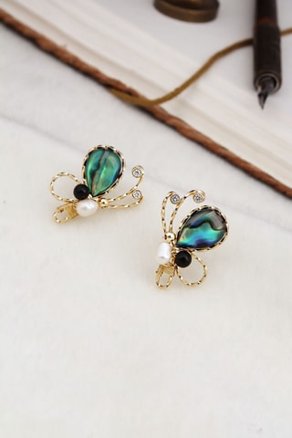 Brincos - Banhada a ouro amarelo, labradorites e pérolas de cultura 