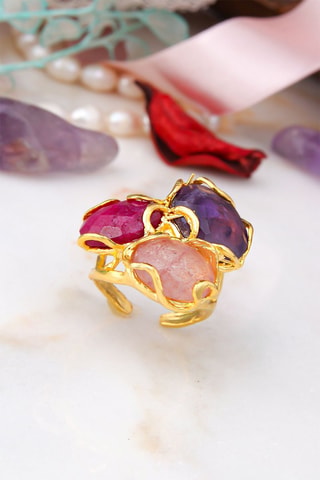 Bague dorée à l'or jaune - Agate, pierre de soleil et améthyste