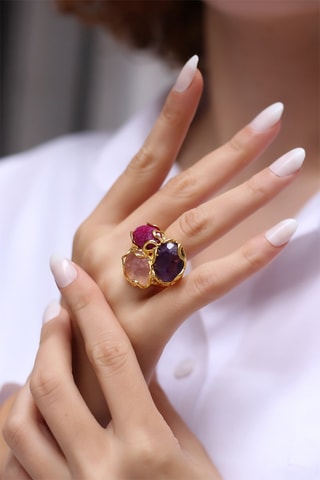 Bague dorée à l'or jaune - Agate, pierre de soleil et améthyste