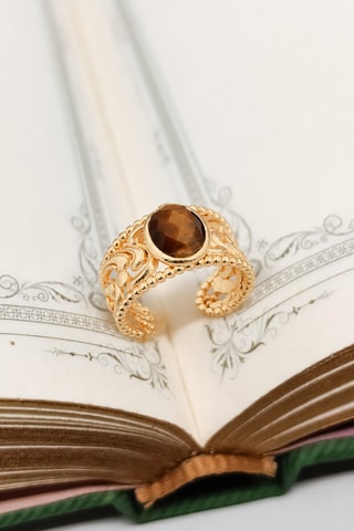 Bague - Plaqué or jaune et œil-de-tigre