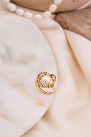 Bague - Plaqué or jaune, zircons et perle d'imitation