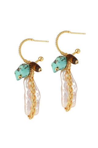 Boucles d'oreilles - Plaqué or jaune, perles de culture, turquoise et œil de tigre