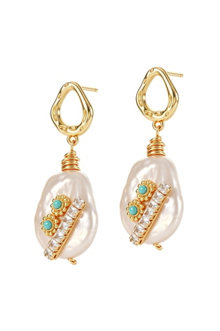 Boucles d'oreilles - Plaqué or jaune, turquoises, zircons et perles de culture