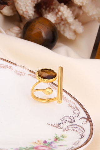 Bague - Plaqué or jaune et œil-de-tigre