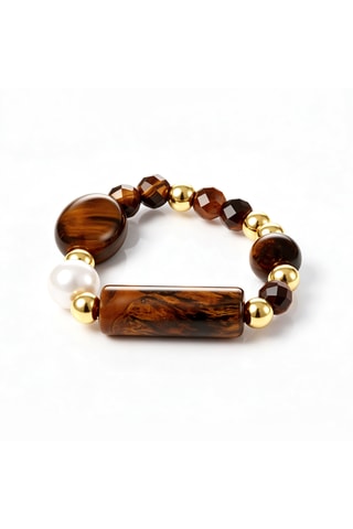 Bague - Plaqué or jaune, œil-de-tigre et perles de culture