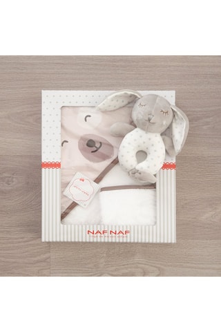 Cofanetto mantellina da bagno, guanto e peluche doudou Smiling Bear - 3 pezzi - 75 x 75 cm - Beige