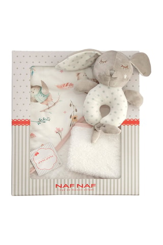 Cofanetto mantellina da bagno, guanto e peluche doudou Birds Explorer - 3 pezzi - 75 x 75 cm - Bianco e rosa