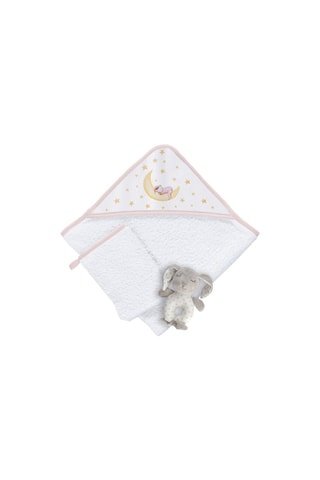 Cofanetto mantellina da bagno, guanto e peluche doudou Marlon Night - 3 pezzi - 75 x 75 cm - Bianco e rosa