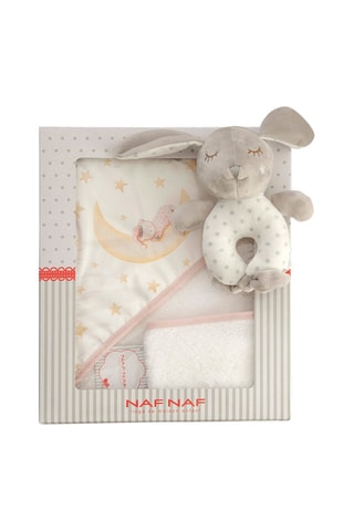 Cofanetto mantellina da bagno, guanto e peluche doudou Marlon Night - 3 pezzi - 75 x 75 cm - Bianco e rosa