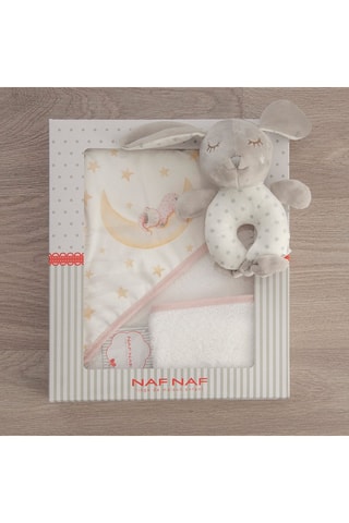 Cofanetto mantellina da bagno, guanto e peluche doudou Marlon Night - 3 pezzi - 75 x 75 cm - Bianco e rosa