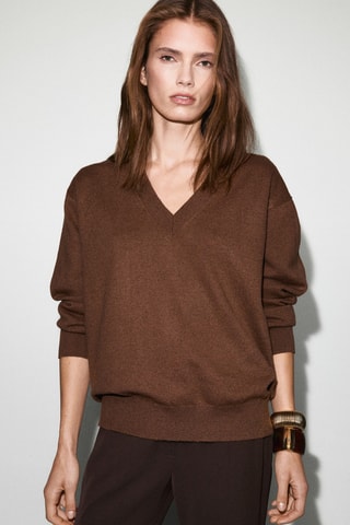 Pull-over maille fine col V - Marron
