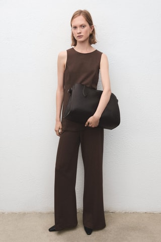 Pantalon wide leg taille haute avec passants - Marron