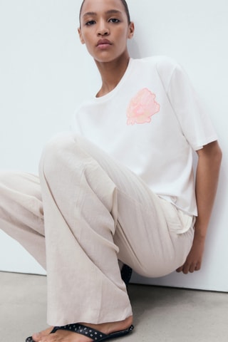 T-shirt coton détail fleur - Écru