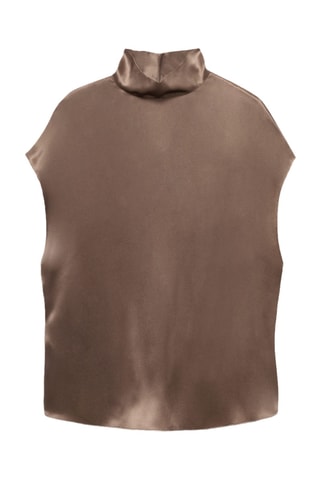 Blouse 100 % soie satinée col montant - Marron