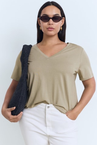 T-shirt coton col en V - Kaki