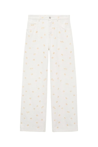 Jeans wideleg brodé de fleurs - Écru
