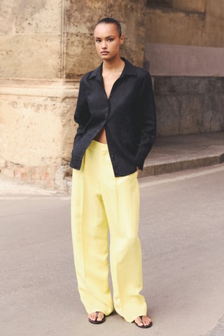 Pantalon mélange de lin pinces - Jaune