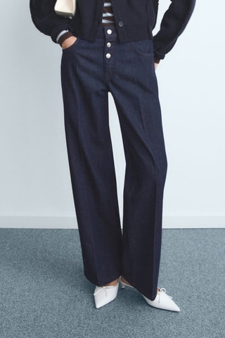 Jean droit taille basse boutons - Bleu