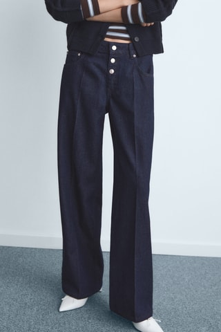 Jean droit taille basse boutons - Bleu