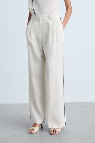 Pantalon lin rayures contrastées - Beige