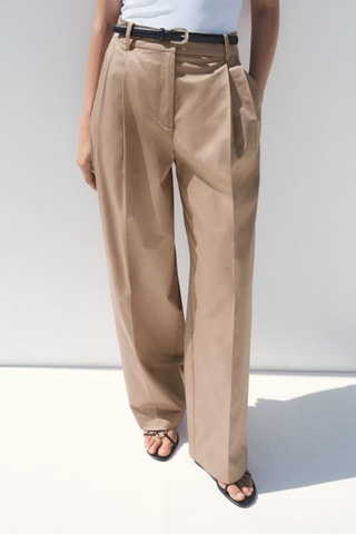 Pantalon coton droit à pinces - Beige