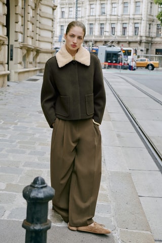 Pantalon wide leg à pinces taille normale - Kaki