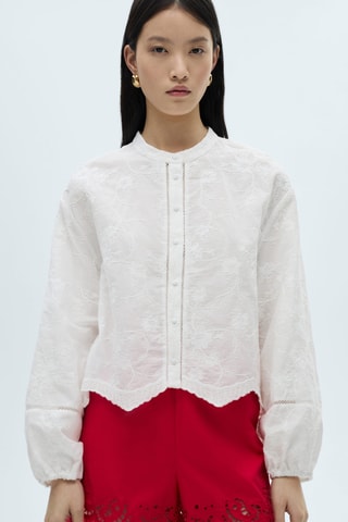 Blouse coton détails brodés - Blanc