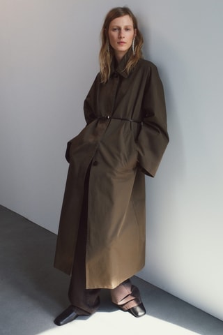 Trench long en coton avec boutons dissimulés - Marron