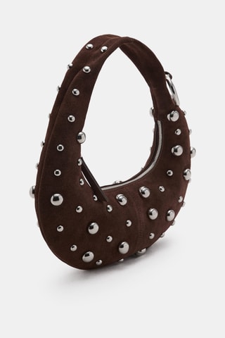 Sac à main en cuir avec application boules métalliques - Marron
