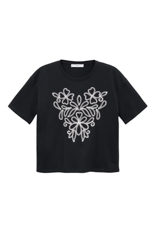 T-shirt coton broderie à fleurs - Noir