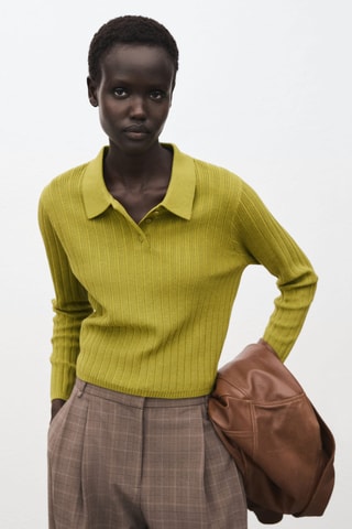 Pull-over maille côtelée col polo - Vert