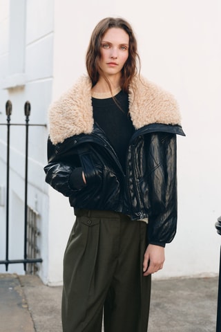 Veste similicuir col effet mouton - Noir