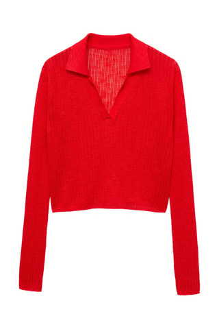 T-shirt maille côtelée col polo - Rouge