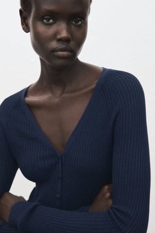 Pull-over côtelé col en V - Bleu marine